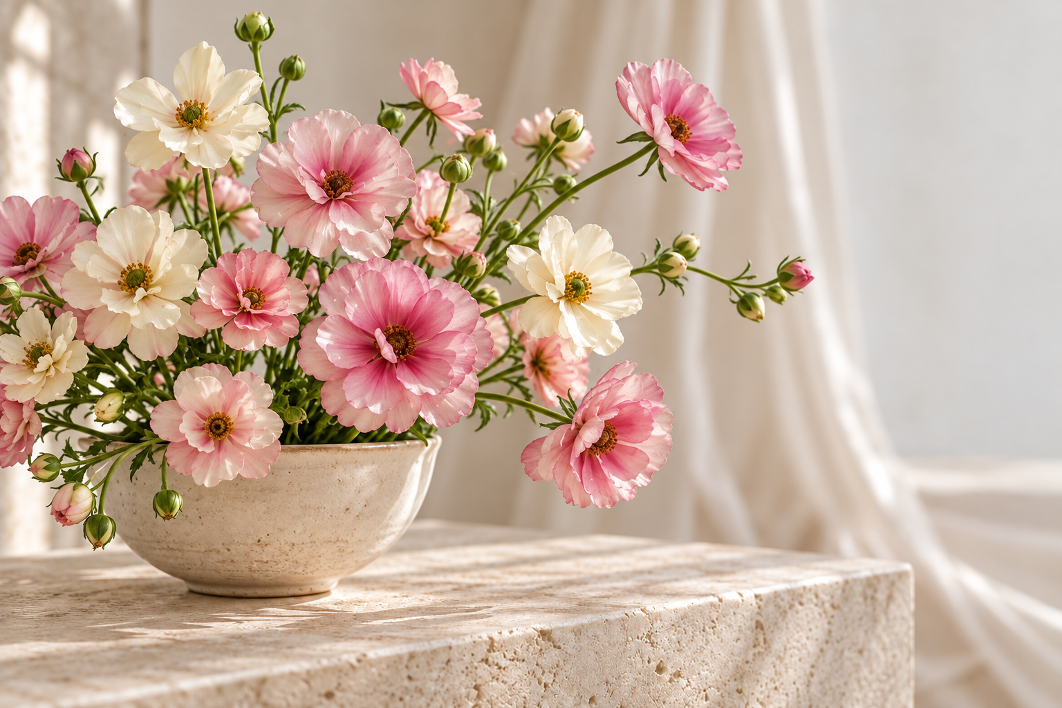 Tone-on-tone pink and cream Butterfly ranunculus in a low stone bowl