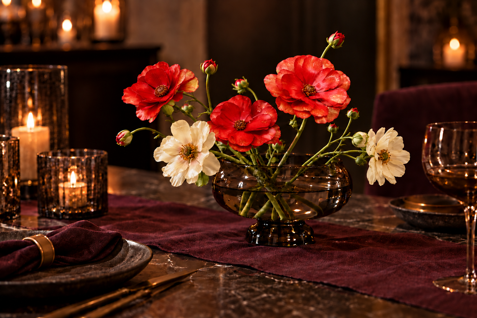 Red, coral and white-red Butterfly ranunculus on a candlelit table
