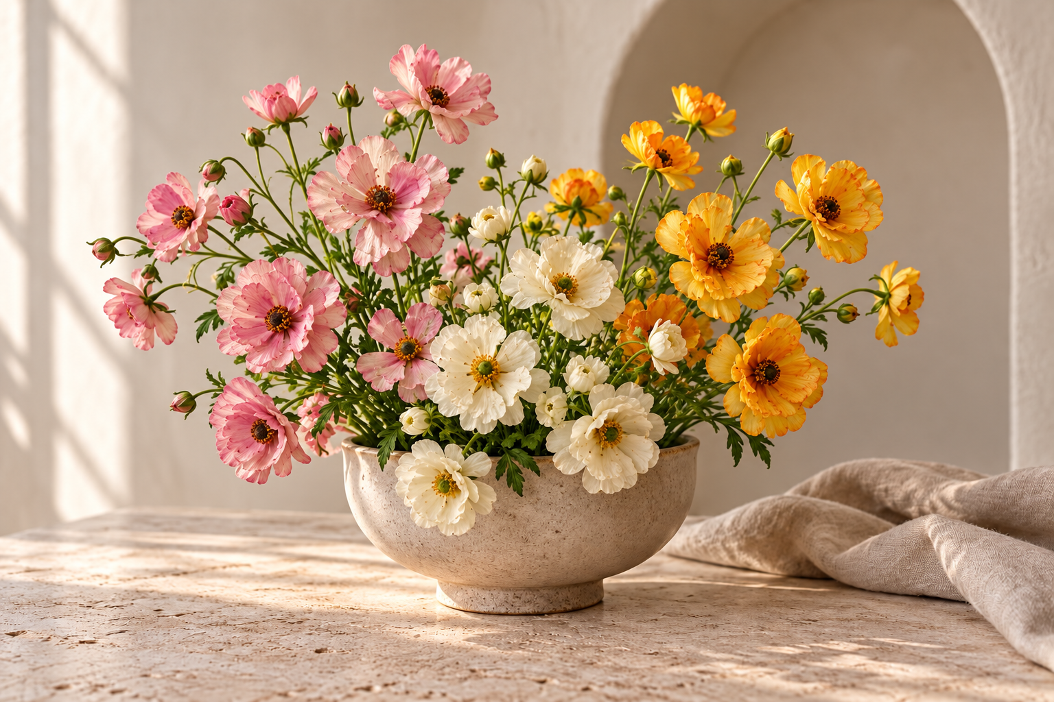 Pink, cream and yellow Butterfly ranunculus in a stone bowl