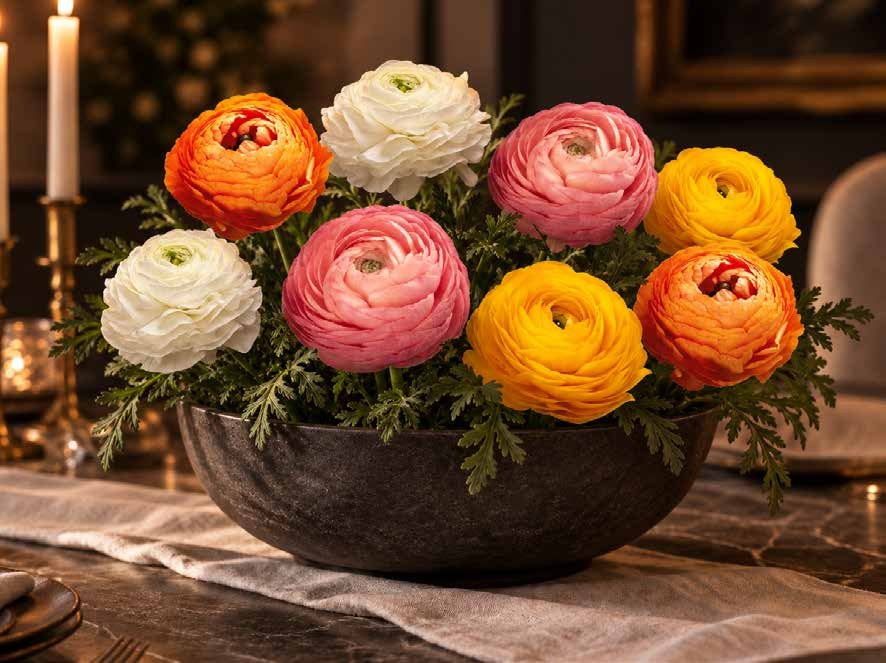 Densely layered ranunculus heads in a low dark bowl